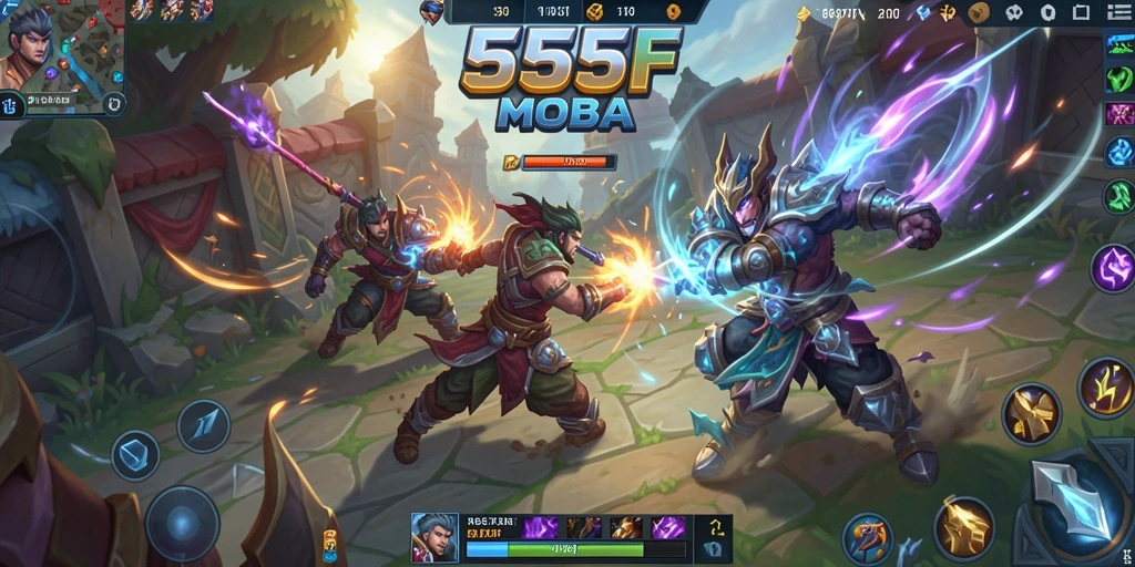 Screenshot menunjukkan aksi seru dalam pertarungan MOBA 555F.
