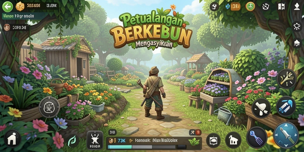 Screenshot gameplay 73K memperlihatkan pemandangan kebun yang indah.