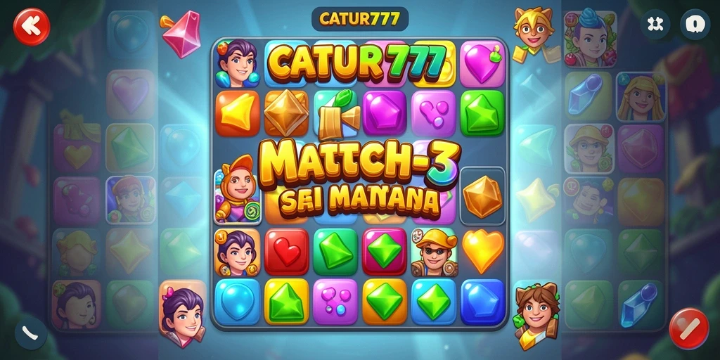 Tampilan gameplay seru dari CATUR777 dengan elemen warna-warni Match-3.