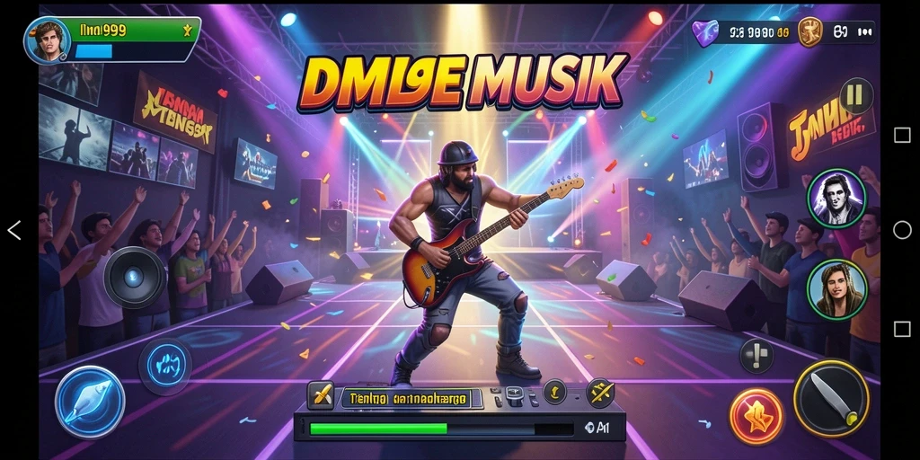 Tampilan gameplay DMD999 dengan tantangan musik interaktif yang seru.