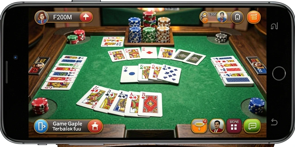 Screenshot gameplay F200M yang menunjukkan suasana seru permainan Gaple.