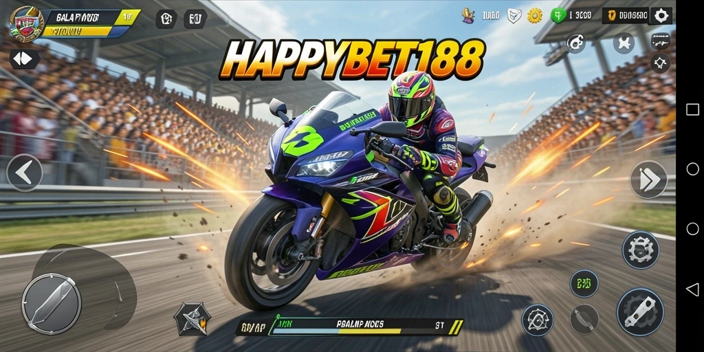 Tampilan gameplay yang seru dari HAPPYBET188 saat balapan motor.