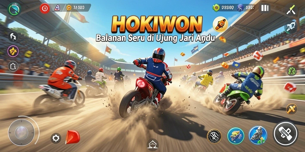 Screenshot HOKIWON menampilkan aksi seru balapan di trek yang menantang.