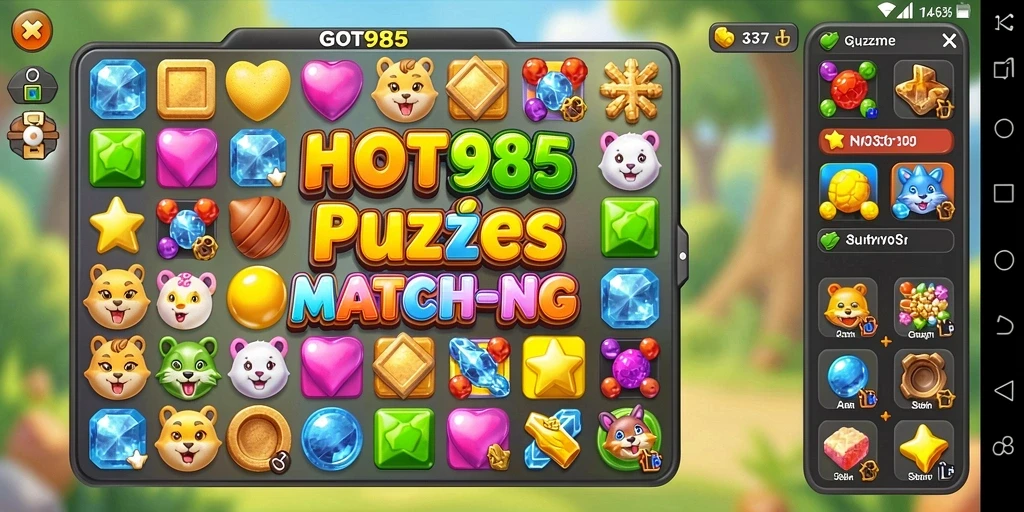 Screenshot HOT985 menampilkan gameplay Match-3 yang seru dan penuh warna.