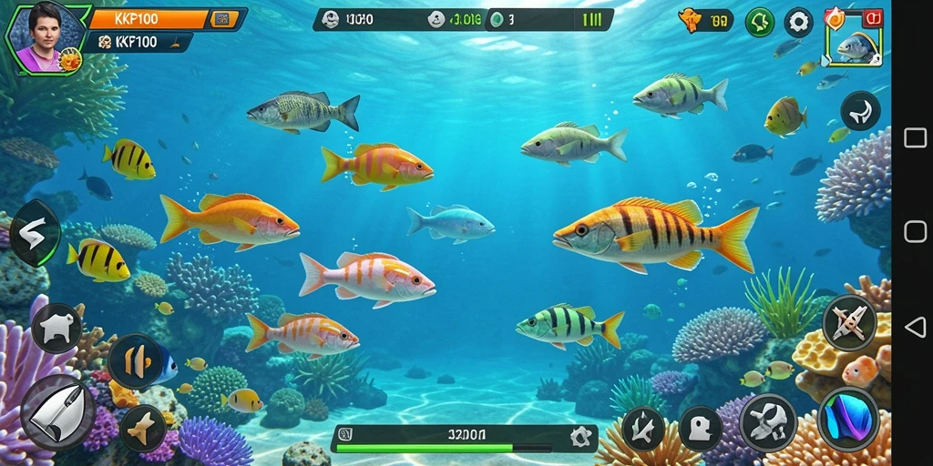 Tangkapan layar gameplay KPK100 dengan berbagai ikan dan senjata.