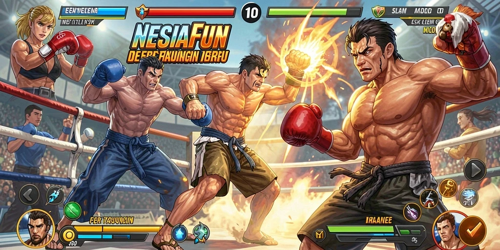 Screenshot gameplay NESIAFUN menampilkan pertarungan menegangkan antar karakter.