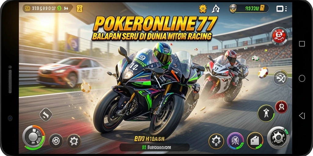 Screenshot utama POKERONLINE77 yang menunjukkan balapan seru di lintasan berliku.