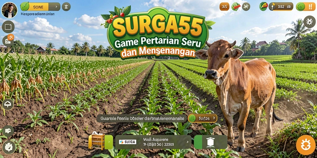 Gambaran gameplay <strong>SURGA55</strong> yang menampilkan aktivitas bertani dan merawat tanaman.