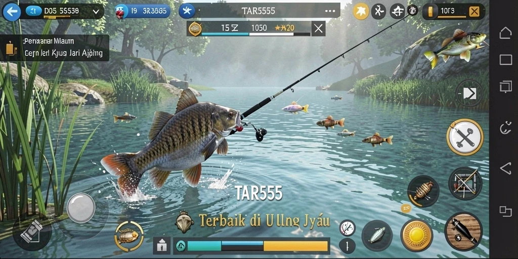 Tampilan gameplay TAR555 yang menampilkan aksi memancing seru.