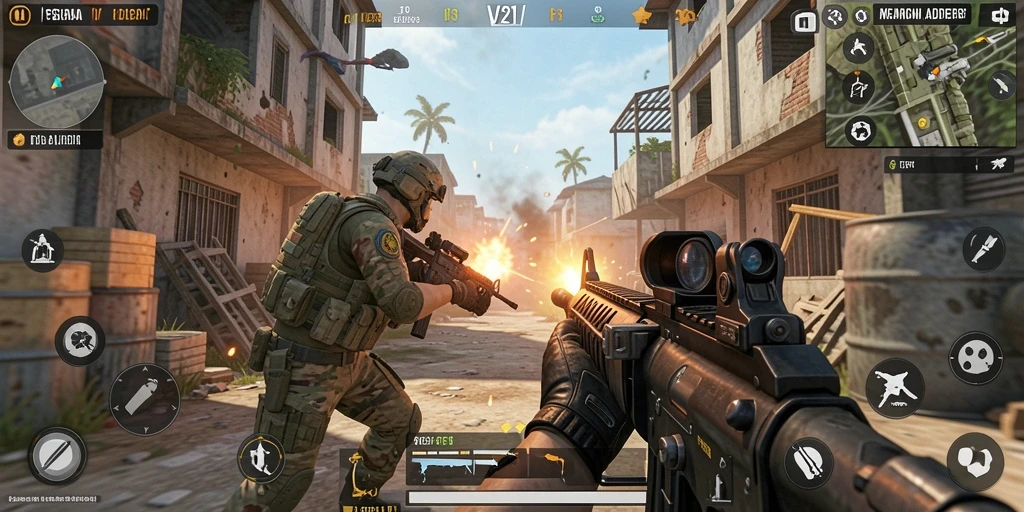 Screenshot menampilkan aksi intense gameplay FPS di V21.